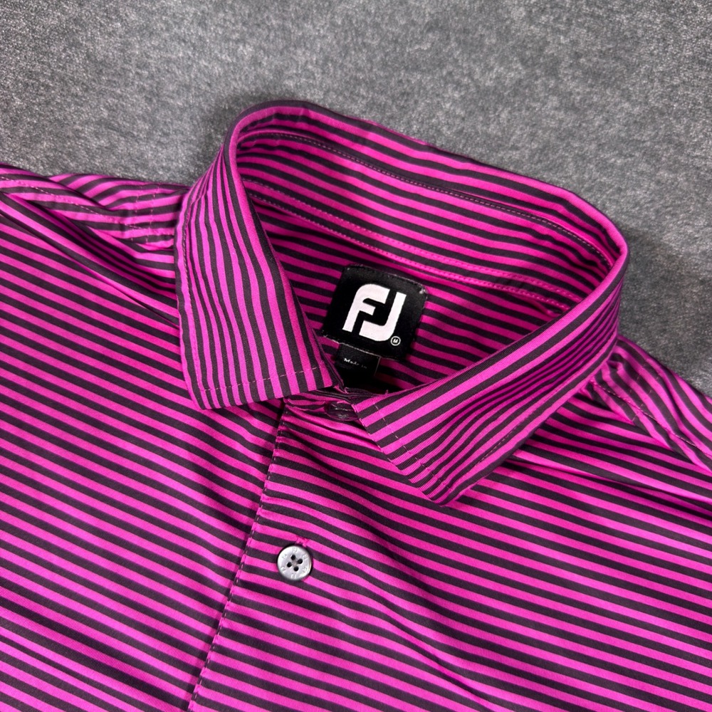 FootJoy Golf Polo Shirt Mens Medium Pink Black Striped Short Sleeve Athletic